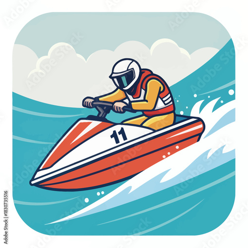 Jet Boat Racer Steering Boat At High Speed On The Water