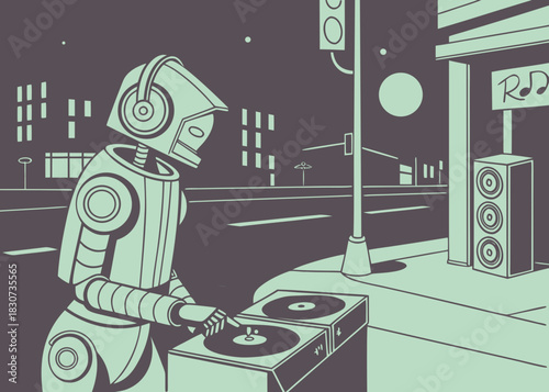 Futuristic dj robot spinning lo fi vinyl, street corner vibe, neon glow, urban night, retro futurism, digital art, atmospheric, moody, chillout.