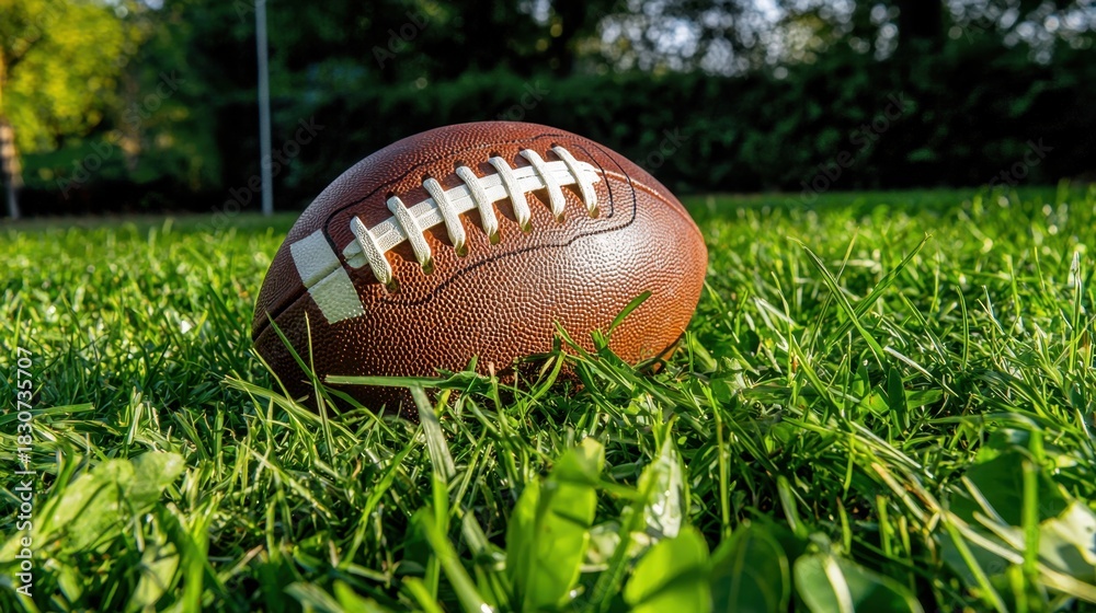 Obraz premium Close-Up of a Brown Football on Fresh Green Grass in Bright Light