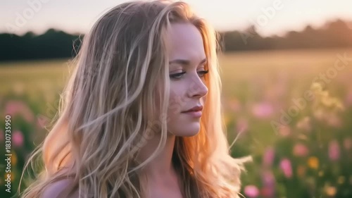 Woman in a field at sunset, serene and reflective