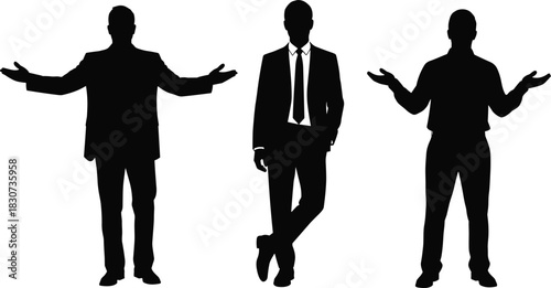 Silhouette illustration of three businessmen standing with open hand gestures showing confusion and presentation poses, professional corporate concept artwork