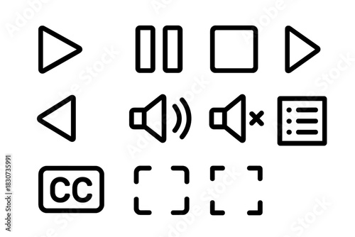 Outline symbols for media player controls including playback volume and interface functions