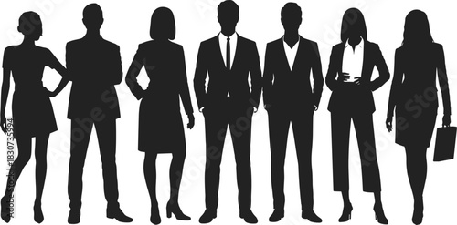 Silhouette group of diverse business professionals standing together in formal attire, representing teamwork, leadership, corporate unity, and modern workplace collaboration concepts