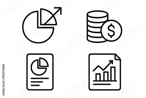 Set of financial data analysis icons showing charts graphs reports and stacked dollar coins