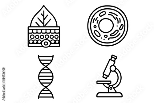 Outline symbols of DNA, cell structure, and laboratory equipment for scientific research