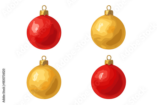 Collection of festive red and golden Christmas ornaments set with watercolor texture effect