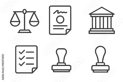 Outline symbols representing scales of justice, courthouse building, official documents, and rubber stamps