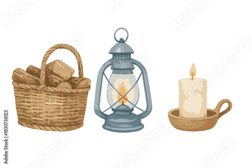 Cozy autumn set with wicker basket, firewood, vintage blue lantern, and lit candle