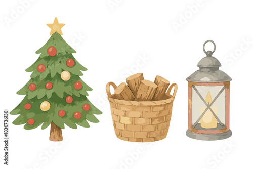 Cozy Christmas tree decoration with firewood basket and vintage lantern