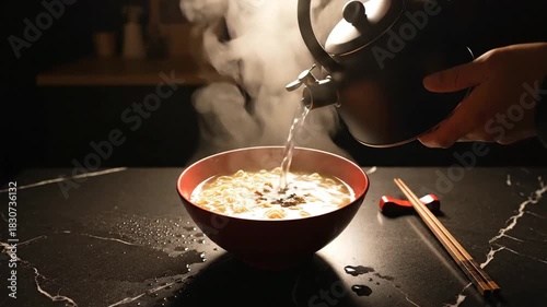 Making Delicious Noodles in a Bowl with Boiling Water in Slow Motion