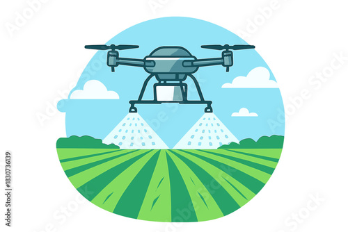 Modern smart drone applying precise spraying application over a vast green crop field