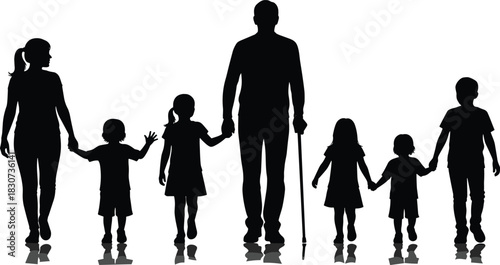Silhouette of diverse family walking together, adults and children holding hands, unity, generational support, parenting, caregiving, family bonding, outdoor activity scene