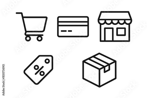 Essential shopping and e-commerce icons featuring cart, credit card, store, tag, and box symbols