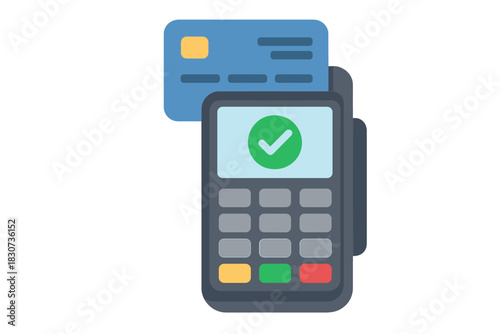 Credit card inserted into a payment terminal showing a successful transaction confirmation