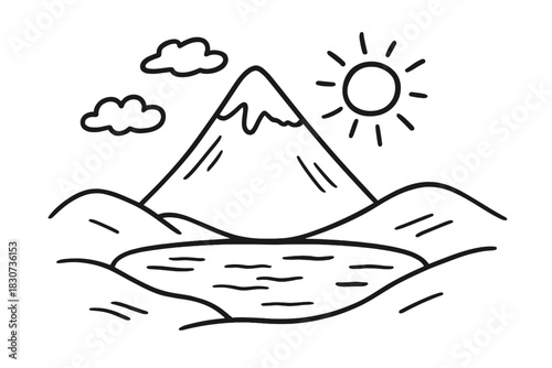 Foto Minimalist black and white mountain landscape featuring a lake, sun, and clouds