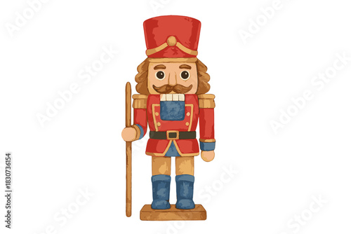 Traditional Christmas nutcracker soldier toy figure standing in a red uniform holding a staff
