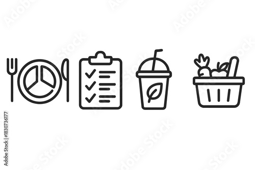 Outline icons for healthy eating, diet planning, organic drinks, and grocery shopping