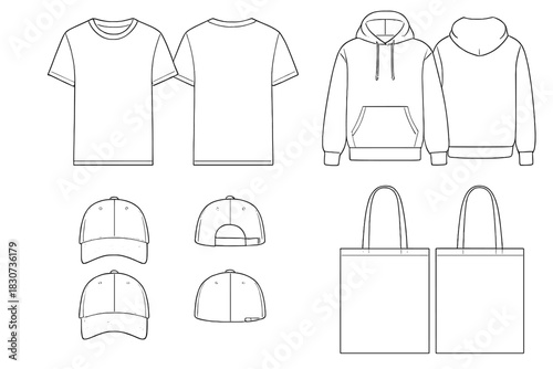 Blank fashion templates set including t-shirt, hoodie, baseball cap, and tote bag