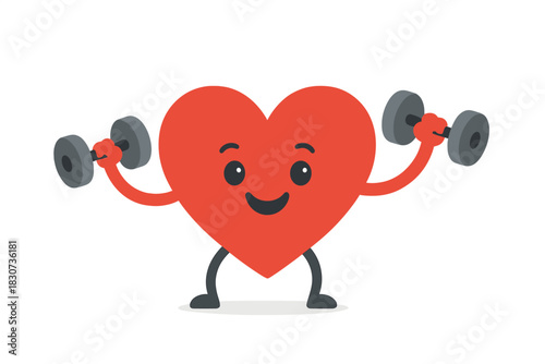 Smiling red heart mascot exercising with weights promoting health and physical strength