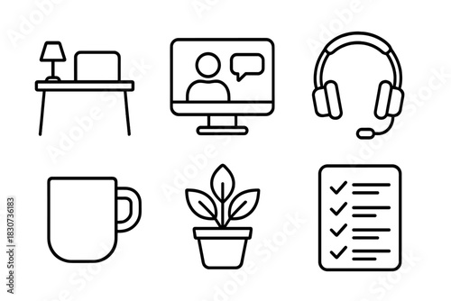 Essential line icons for remote work and home setup featuring desk, video call, and headset