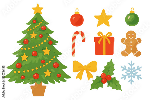 Watercolor style Christmas tree and festive holiday elements set on white background