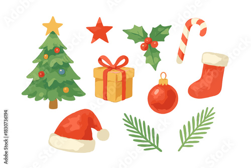 Watercolor Christmas holiday elements set with tree gift holly and Santa hat