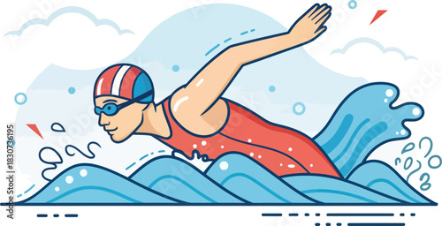 Minimalist Vector Illustration of a Swimmer in Water