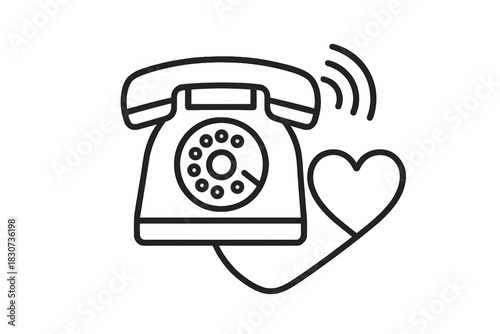 Black and white vintage rotary telephone ringing with receiver cord forming a heart shape