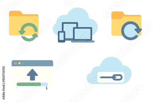 Essential flat design icons for digital data management, cloud storage, upload, and synchronization