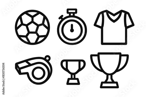 Set of minimal line icons for soccer equipment, referee tools, and championship trophies