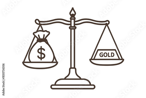 Financial assets equilibrium concept showing money and gold balanced on a classic scale