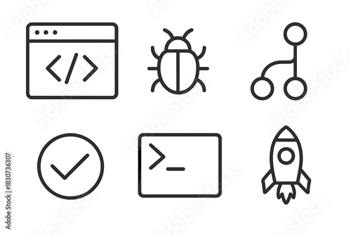 Six outline icons for software development, coding, debugging, and project launch
