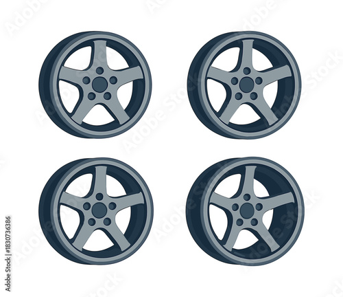 Car wheel set, four styles, flat vector illustration, automotive design
