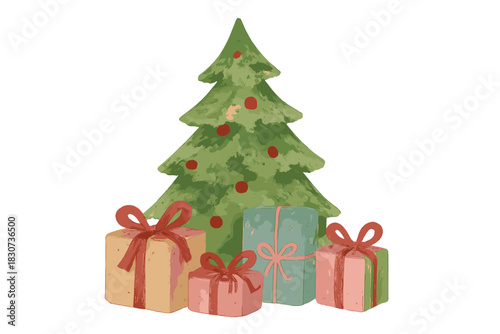 Stylized festive Christmas tree and wrapped presents isolated on a white background
