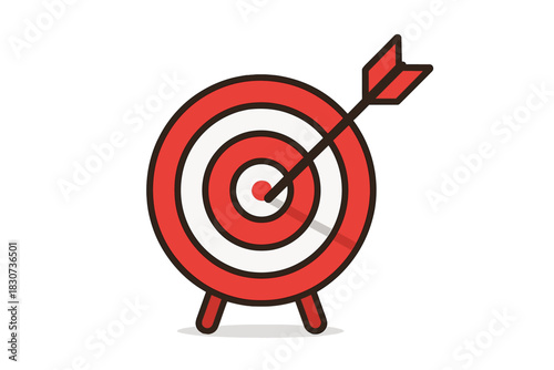 Successful hit on the exact center of a red and white circular archery target board