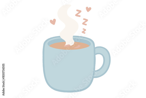 Cozy blue mug filled with hot beverage steaming with hearts and sleep symbols