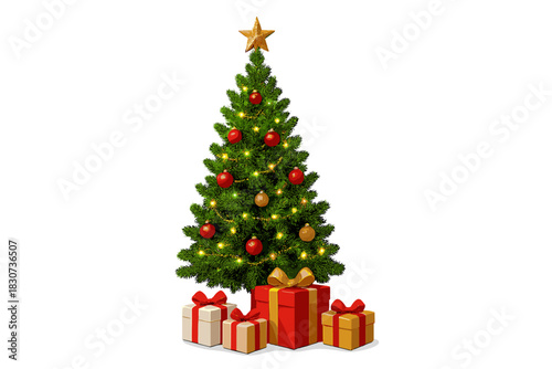 Festive Christmas tree decorated with glowing lights, red and gold ornaments, topped with a star, and wrapped gifts