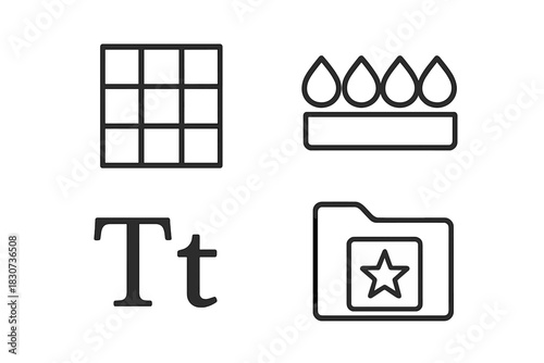 Essential line icons for digital editing and formatting tools including grid, font, and management symbols
