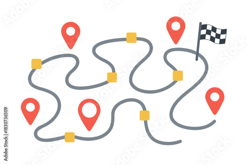 Winding path with location markers and checkered flag symbolizing the end goal