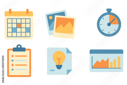 Flat design set of business and productivity concepts: calendar, stopwatch, checklist, and data analysis