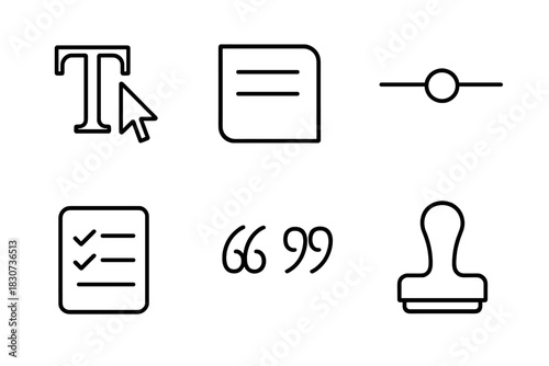 Essential line icons for text editing, document management, and user interface controls