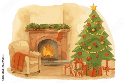 Cozy Christmas interior with decorated tree, glowing fireplace, and comfortable armchair