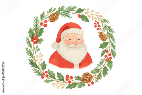 Festive watercolor portrait of Santa Claus framed by a Christmas wreath with holly and pine cones