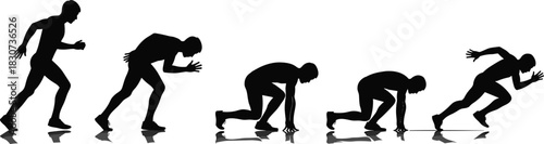 Silhouette sequence of male athlete preparing to sprint, showing dynamic running stages, professional sports movement, speed training, fitness action progression illustration