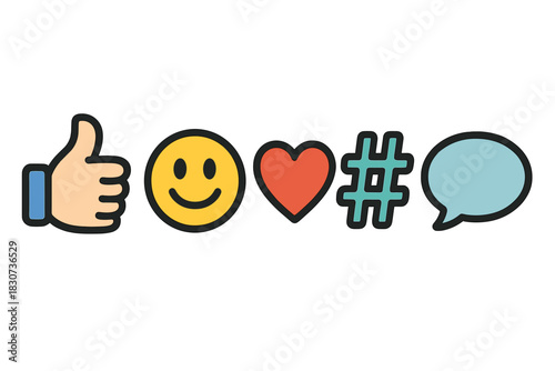 Popular social media reaction icons set including like, smile, heart, hashtag, and comment bubble