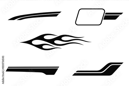 Classic racing stripes and stylized hot rod flame graphics for vehicle decals