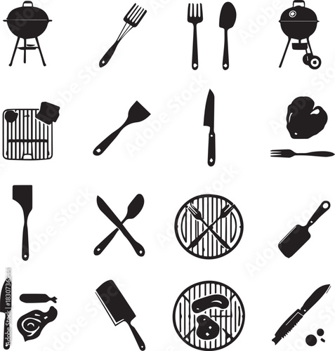 Black and white vector illustration of grilling and cooking icons including tools, food, and utensils in grid