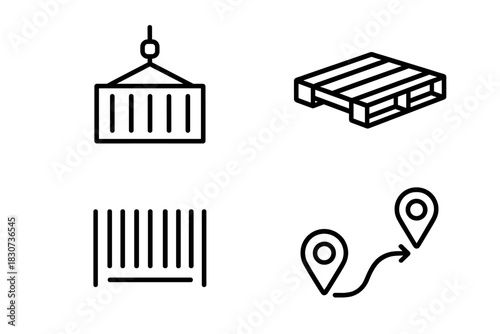 Set of logistics and delivery line icons including shipping container, pallet, barcode, and route tracking