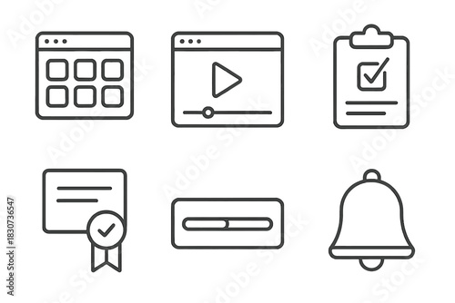 Set of essential digital interface icons including menu, video player, checklist, certificate, progress bar, and notification bell
