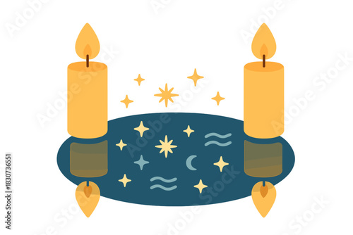 Burning candles composition with mystical night sky, stars, and crescent moon motif